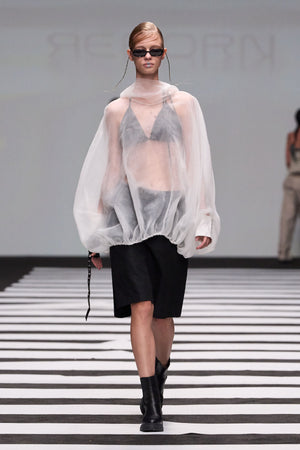 Load image into Gallery viewer, HIGH NECK BALLOON TOP WITH ATTACHED HOODIE PAIED WITH A BRA
