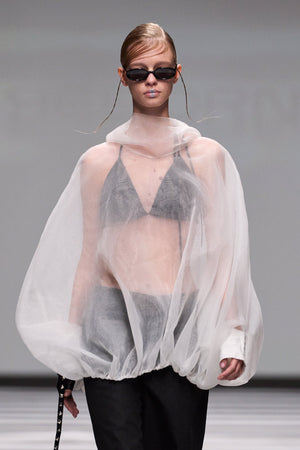 Load image into Gallery viewer, HIGH NECK BALLOON TOP WITH ATTACHED HOODIE PAIED WITH A BRA