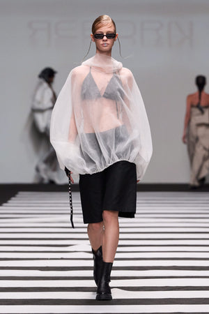 Load image into Gallery viewer, HIGH NECK BALLOON TOP WITH ATTACHED HOODIE PAIED WITH A BRA