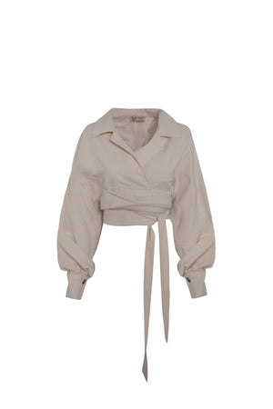Load image into Gallery viewer, NOTCHED COLLAR WRAP AROUND TOP WITH FRONT DRAPED SKIRT
