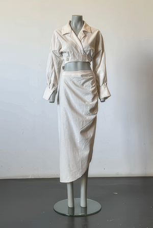 Load image into Gallery viewer, NOTCHED COLLAR WRAP AROUND TOP WITH FRONT DRAPED SKIRT