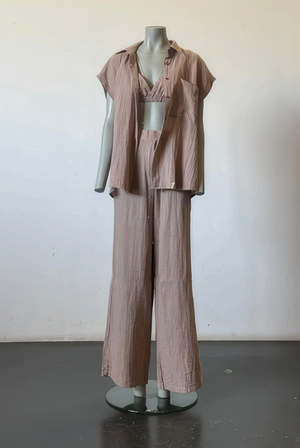 Load image into Gallery viewer, COLLARED CRINKLED SHIRT WITH MATCHING BRA AND PANTS