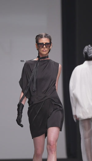 Load and play video in Gallery viewer, BLACK DRAPED DRESS