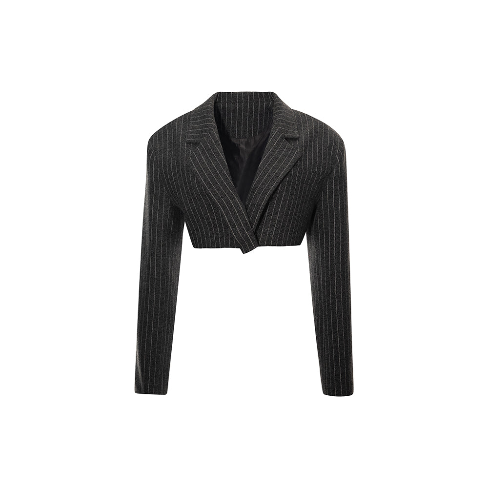 DARK GREY NOTCHED COLLAR CROP BLAZER WITH STRIPES