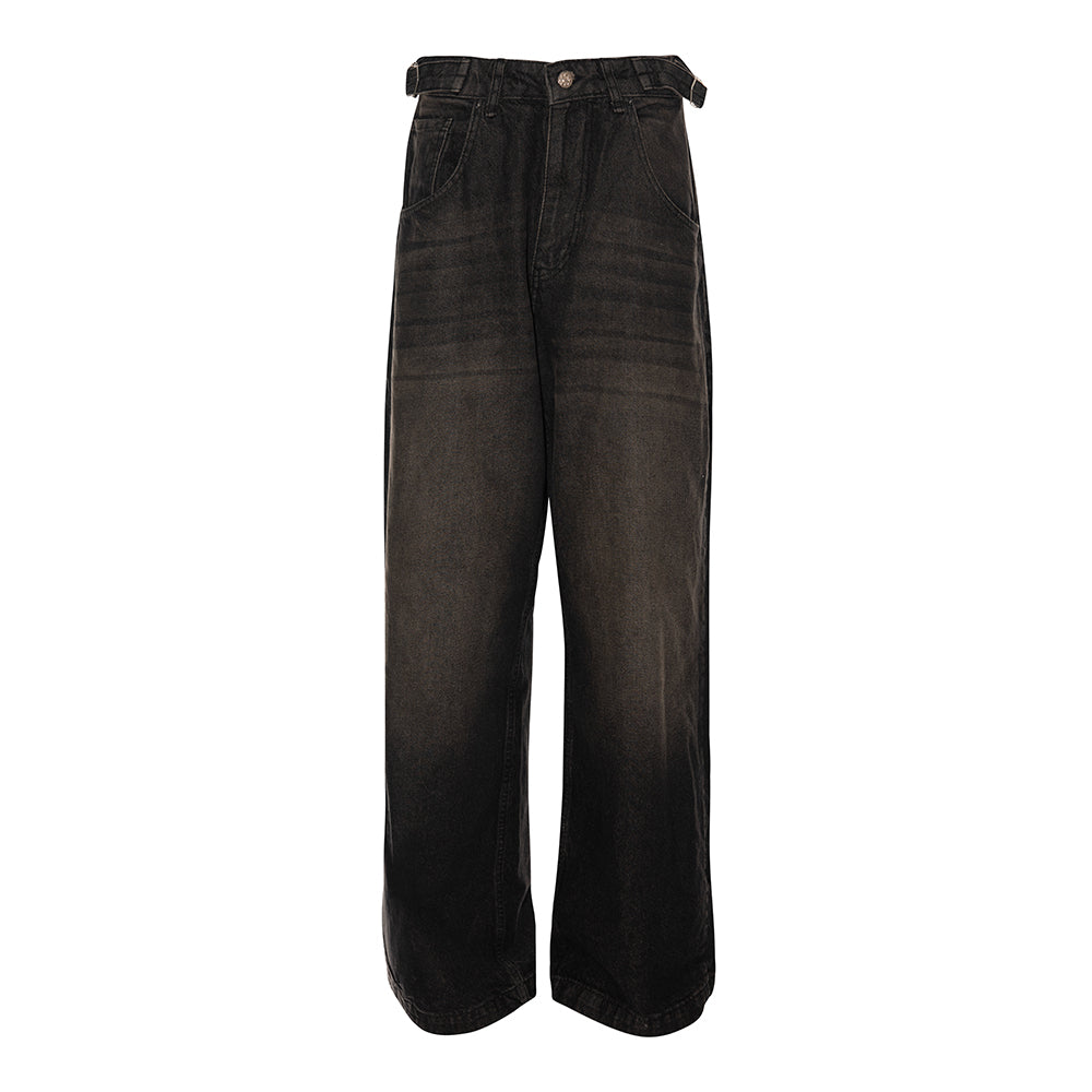 WASHOUT BLACK DENIM TROUSERS.