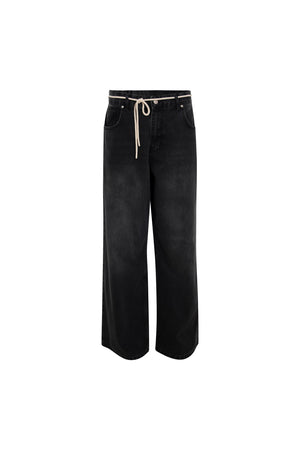 Load image into Gallery viewer, BLACK LOOSE FIT DENIM WITH ROPE TIE BELT
