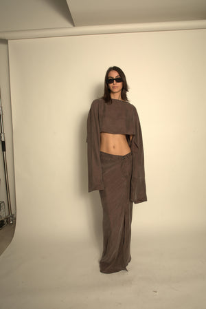 Load image into Gallery viewer, BROWN DRAPED SKIRT WITH SIDE OPENING
