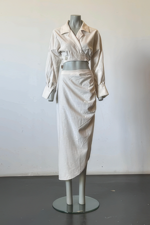 Load image into Gallery viewer, NOTCHED COLLAR WRAP AROUND TOP WITH FRONT DRAPED SKIRT
